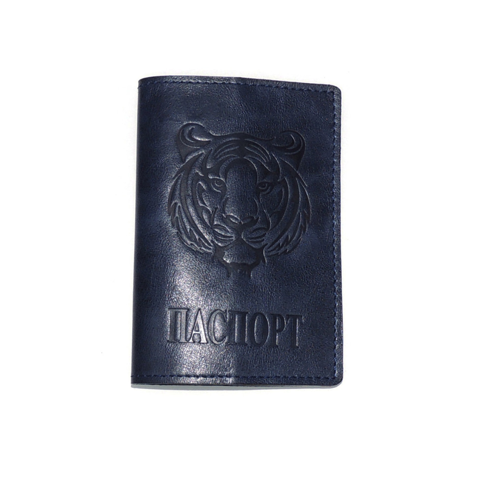 Обложка для паспорта кожаная Синий, Тигр